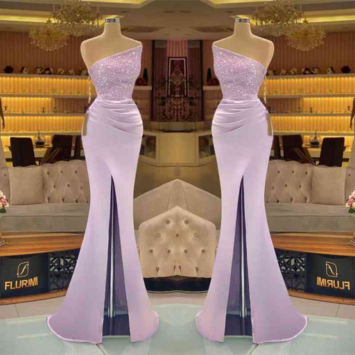 Glamorous Light Purple Mermaid Prom Dress with Sparkling Sequins and Thigh-High Slit