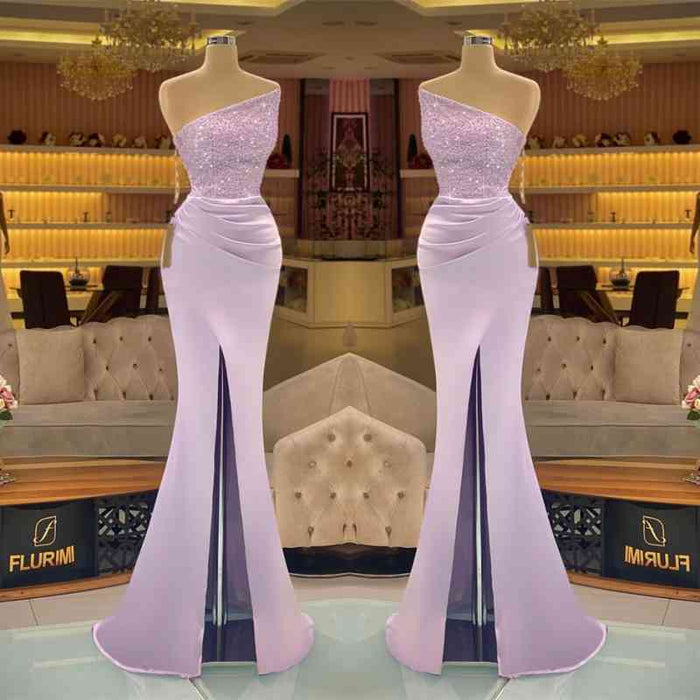 Glamorous Light Purple Mermaid Prom Dress with Sparkling Sequins and Thigh-High Slit