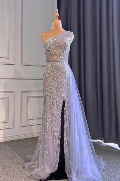 Glamorous Lilac Mermaid Prom Dress with Beaded One-Shoulder Design and Elegant Ruffled Appliques