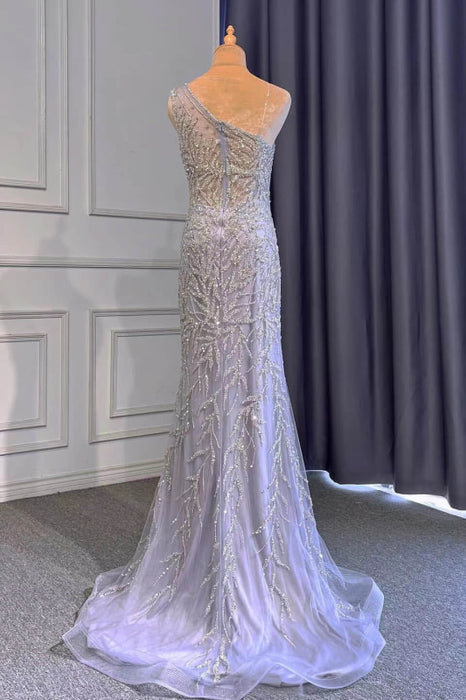 Glamorous Lilac Mermaid Prom Dress with Beaded One-Shoulder Design and Elegant Ruffled Appliques