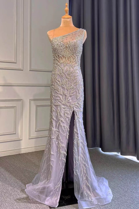 Glamorous Lilac Mermaid Prom Dress with Beaded One-Shoulder Design and Elegant Ruffled Appliques