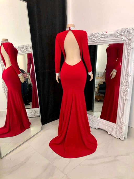 Glamorous Mermaid Red Prom Gown with Long Sleeves and Open Back