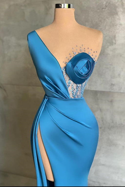 Glamorous Ocean Blue One-Shoulder Mermaid Prom Dress with Slit