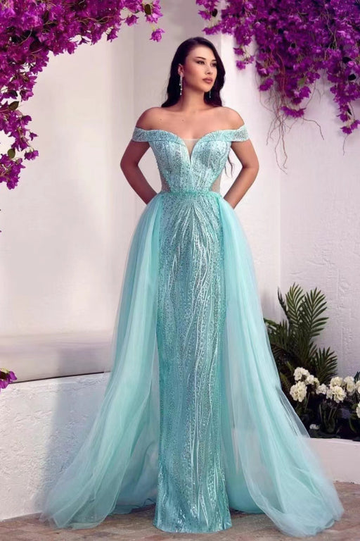 Glamorous Off-the-Shoulder Sweetheart Tulle Prom Dress with Overskirt, Sequins, and Beads