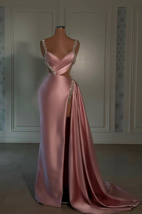 Glamorous Pink Sweetheart Spaghetti Strap Prom Dress with High Slit Trail