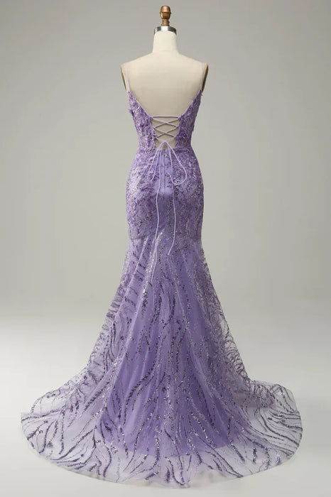 Glamorous Purple Applique Spaghetti Strap Mermaid Prom Dress