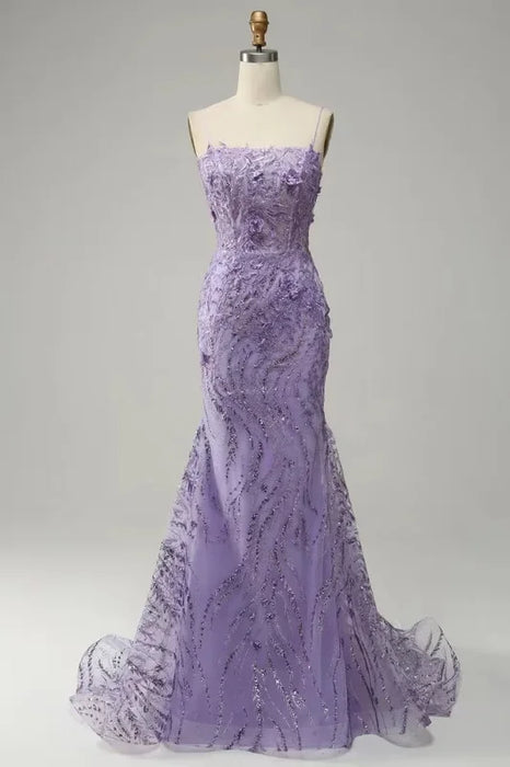 Glamorous Purple Applique Spaghetti Strap Mermaid Prom Dress