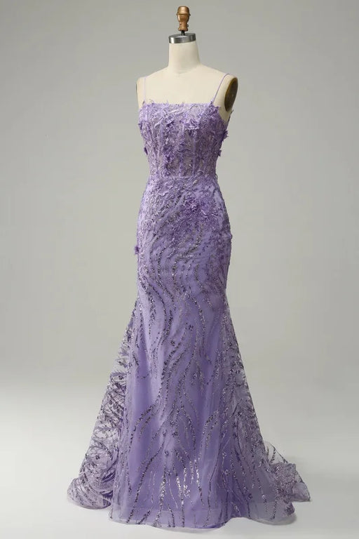 Glamorous Purple Applique Spaghetti Strap Mermaid Prom Dress