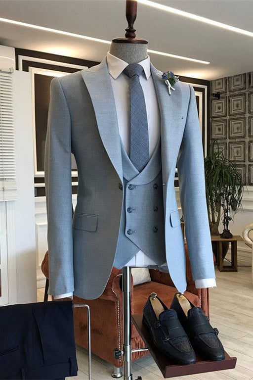 Ellis Sky Blue Peaked Lapel Three Pieces Glamorous Prom Suits