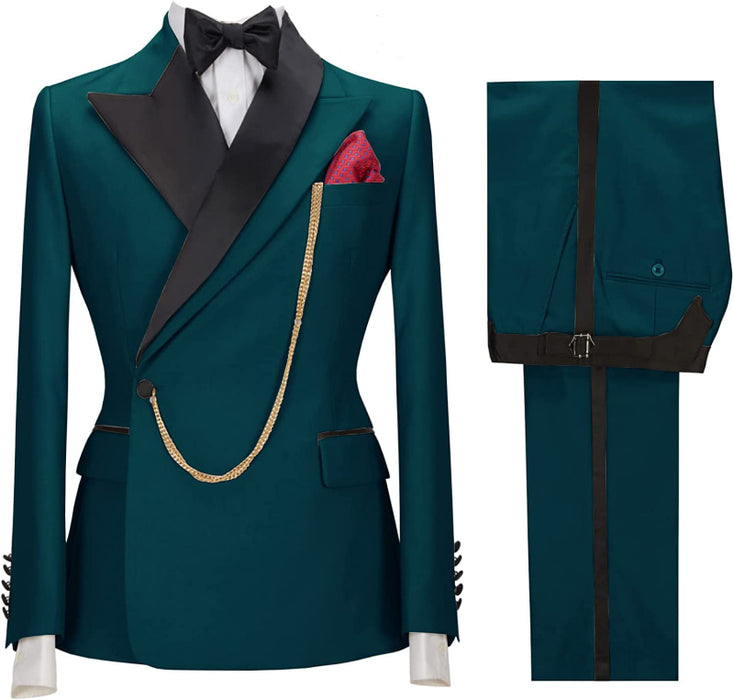 Jared Glamorous Teal Blue Peaked Lapel Two Pieces Prom Suits