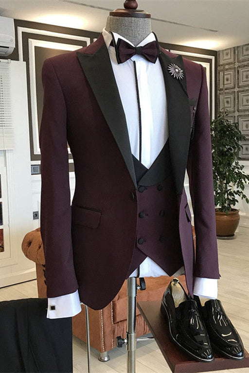 Dominic Deep Wine Three Pieces Glamorous Business Suits With Black Peaked Lapel