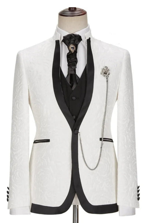 Tanner Glamorous White Jacquard Shawl Lapel Three Pieces Wedding Suits