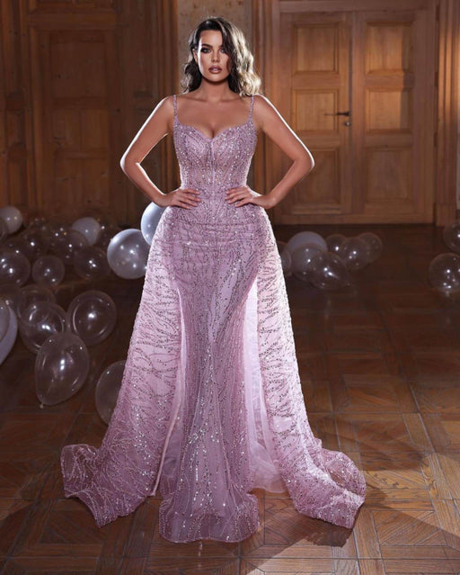 Glistening Spaghetti-Straps Mermaid Evening Dress with Overskirt Sleeveless Available Online