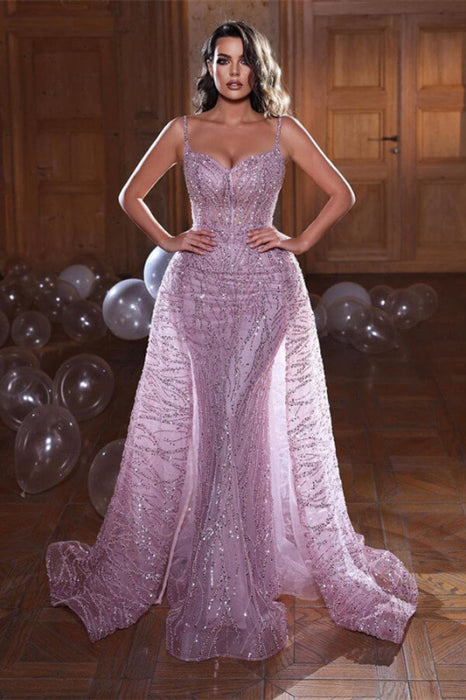 Glistening Spaghetti-Straps Mermaid Evening Dress with Overskirt Sleeveless Available Online