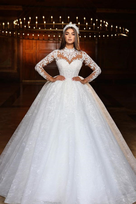 Glitter Appliques Lace Beaded Long Sleeves A-Line Floor-Length Wedding Dress