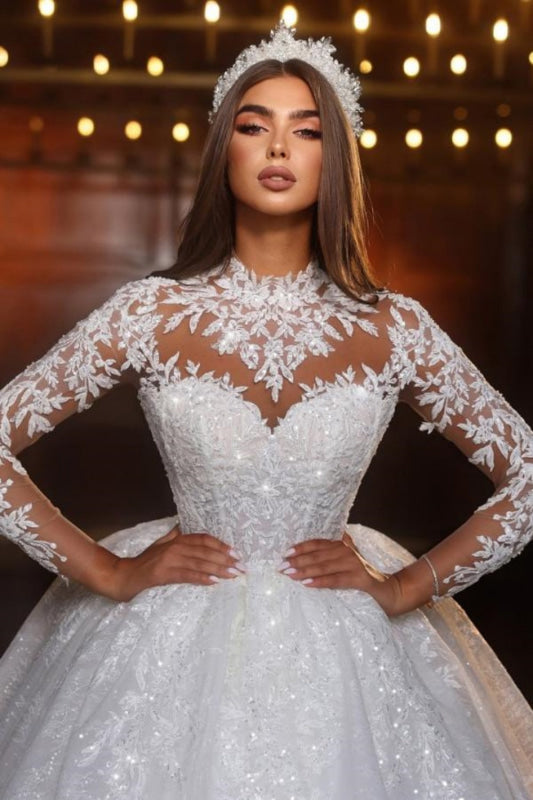 Glitter Appliques Lace Beaded Long Sleeves A-Line Floor-Length Wedding Dress