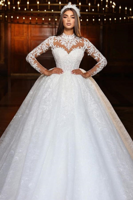 Glitter Appliques Lace Beaded Long Sleeves A-Line Floor-Length Wedding Dress