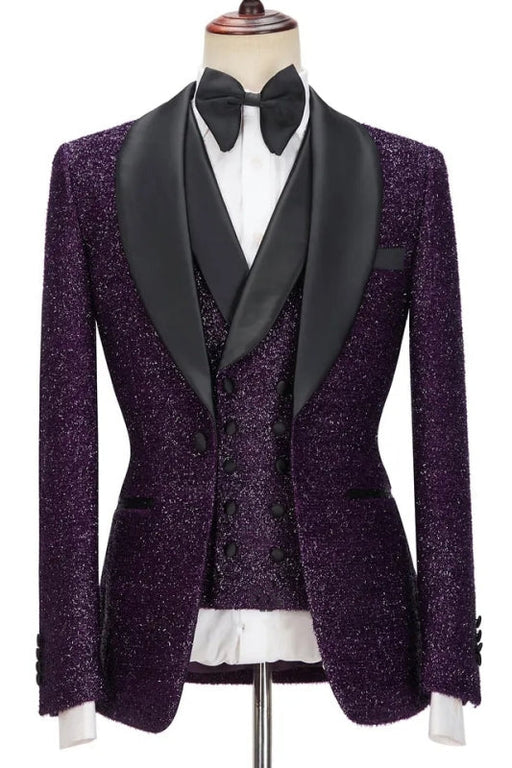 Sid Fashion Purple Sequins Shawl Lapel Three Pieces Wedding Suits