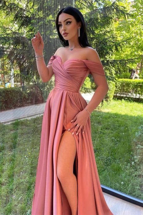 Glorious Dusty Pink Off-The-Shoulder Evening Front Split Prom Dress with Sweetheart Neckline