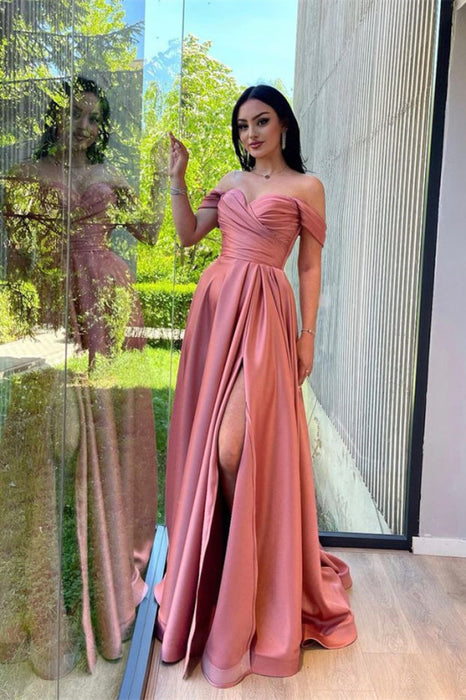 Glorious Dusty Pink Off-The-Shoulder Evening Front Split Prom Dress with Sweetheart Neckline