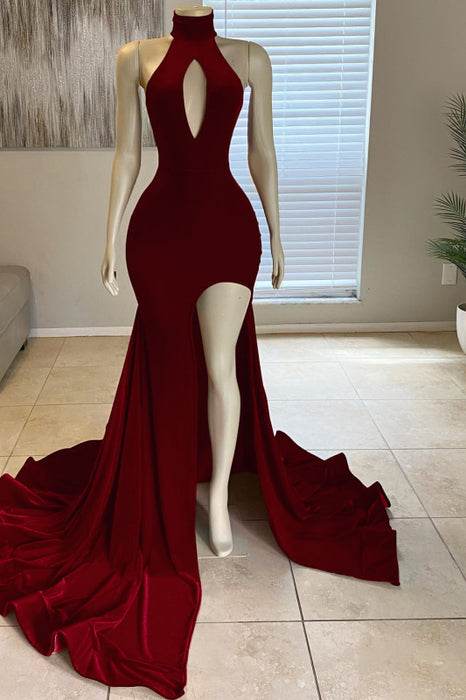 Glorious Red High-Neck Front Split Mermaid Prom Dress Online