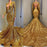 Gold Long Sleeves V-Neck Mermaid Prom Dress with Applique