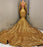 Gold Long Sleeves V-Neck Mermaid Prom Dress with Applique