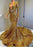 Gold Long Sleeves V-Neck Mermaid Prom Dress with Applique