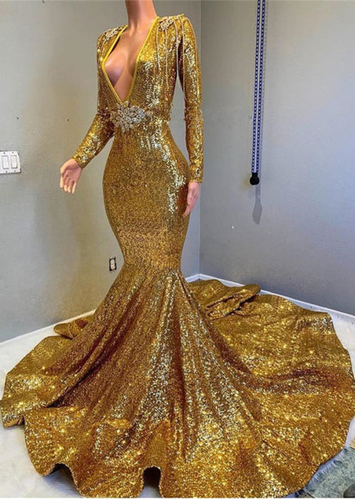 Gold Long Sleeves V-Neck Mermaid Prom Dress with Applique