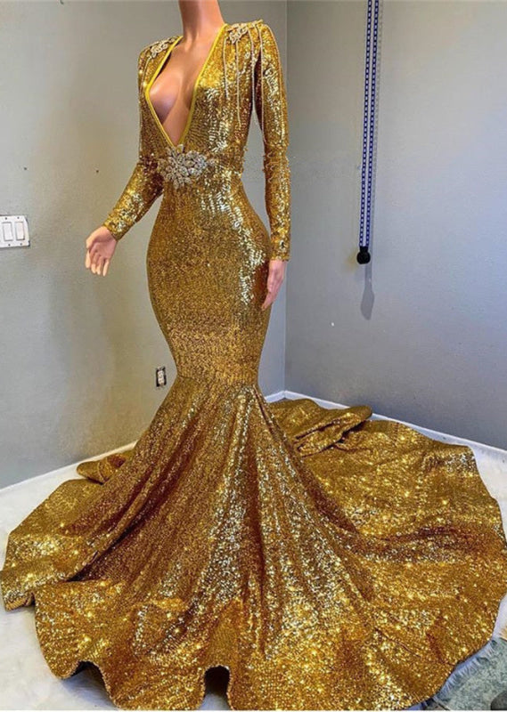 Gold Long Sleeves V-Neck Mermaid Prom Dress with Applique