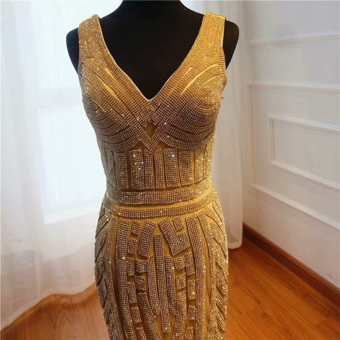 Gold Sequin Mermaid Prom Dress, V-Neck, Long Sleeveless