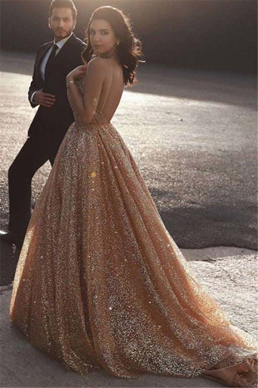 Gold Sequins Long Prom Dress