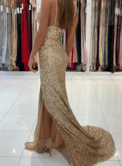 Gold Sequins Mermaid Prom Dress with Slit