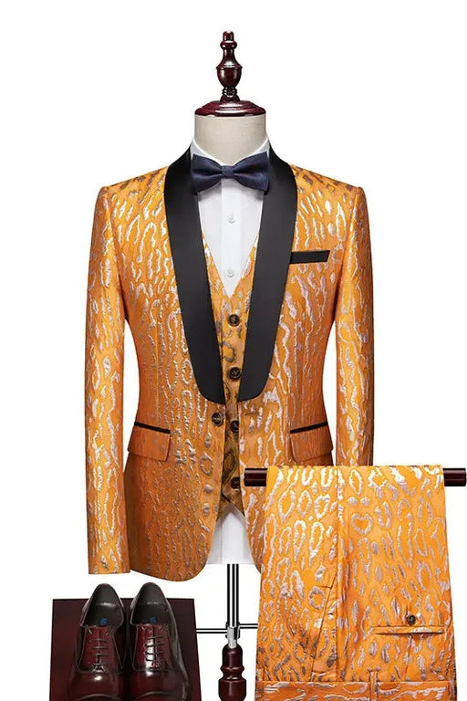 Richard Gold Shawl Lapel Three Pieces New Arrival Jacquard Wedding Suits