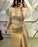 Gold Sleeveless Prom Dress with V-Neck, Sequin Appliques