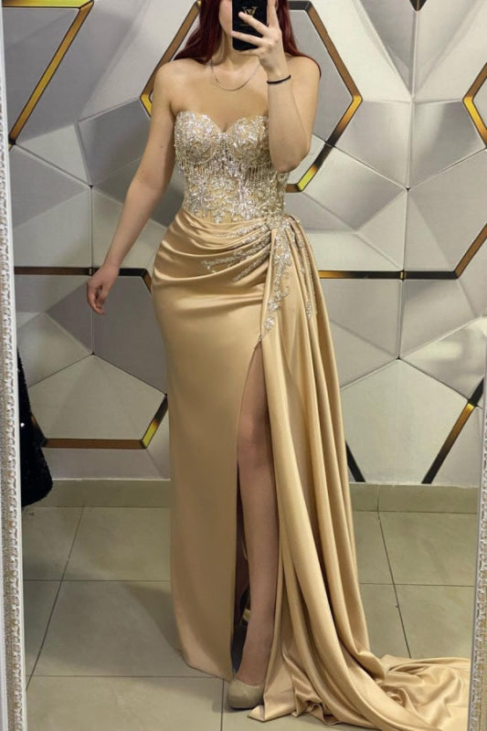 Golden Glamour Sequin-Embellished V-Neck Prom Gown