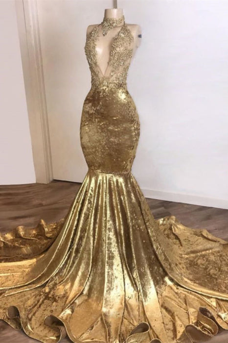 Golden High Neck Sleeveless Mermaid Prom Dress with Lace Appliques