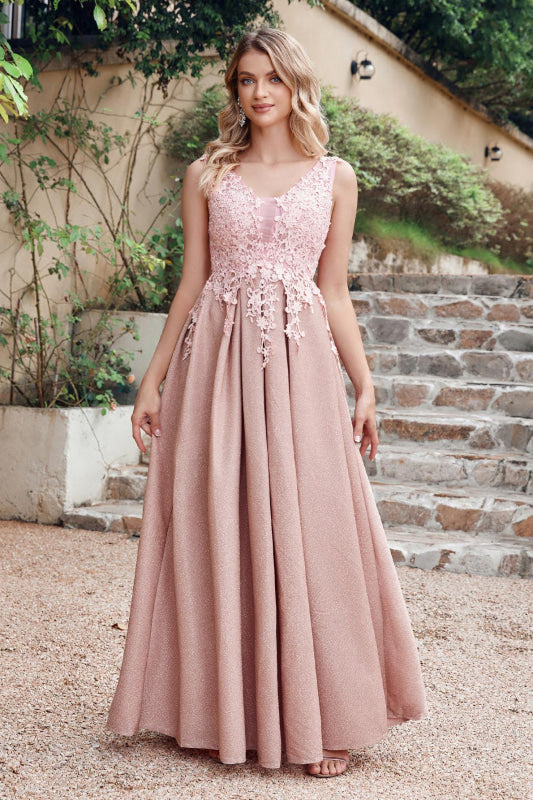 Gorgeous Aline Evening Dress Sleeveless Lace Appliques Bridesmaid Dress - Dusty Pink / US 2 - Prom Dresses