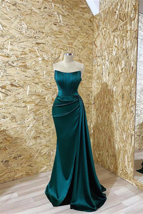 Gorgeous Dark Green Strapless Long Mermaid Prom Dress with Pleated Ruffles