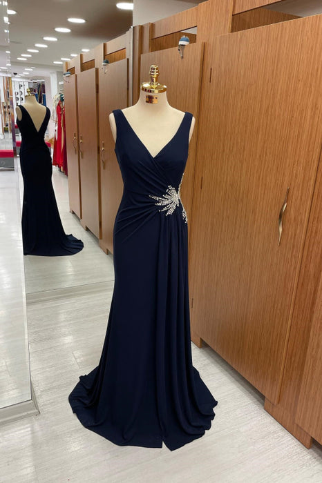 Gorgeous Dark Navy Strapped V-Neck Pleated Prom Dress with Rhinestones