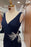 Gorgeous Dark Navy Strapped V-Neck Pleated Prom Dress with Rhinestones