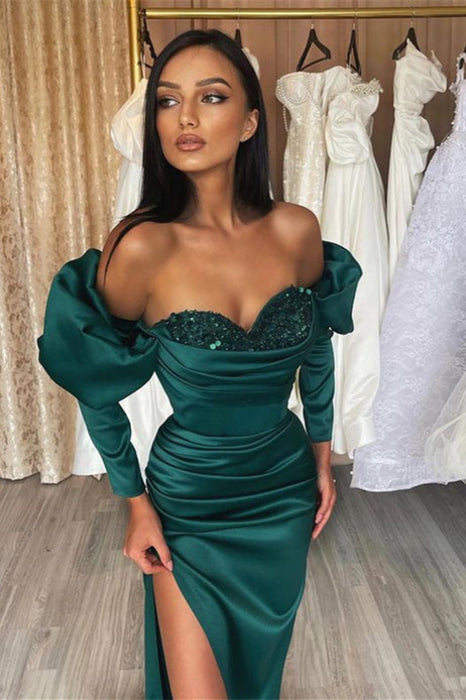 Gorgeous Emerald Long Sleeves Sweetheart Evening Prom Dress with Sequins