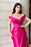 Gorgeous Fuchsia Off-The-Shoulder V-Neck Prom Dress with Split and Pleats