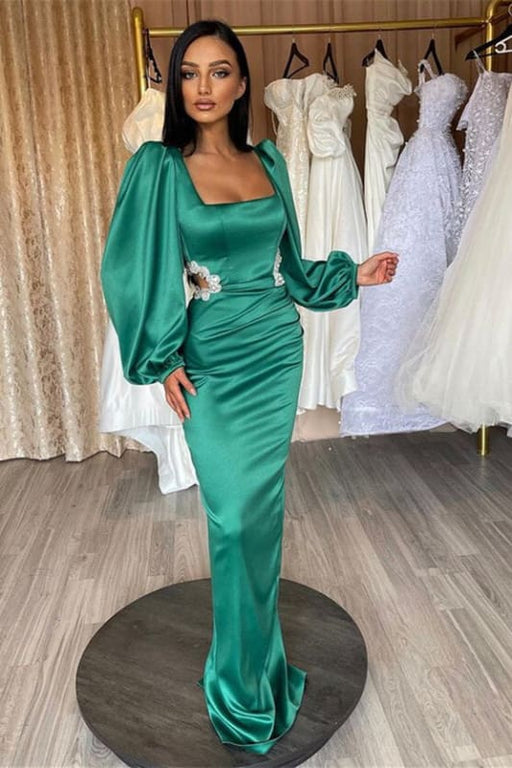 Gorgeous Green Long Sleeve Square Neck Evening Dress with Rhinestone Hollow Design