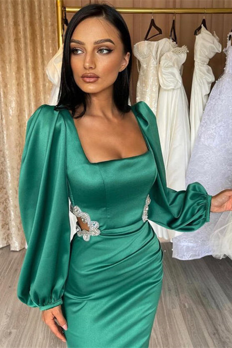 Gorgeous Green Long Sleeve Square Neck Evening Dress with Rhinestone Hollow Design