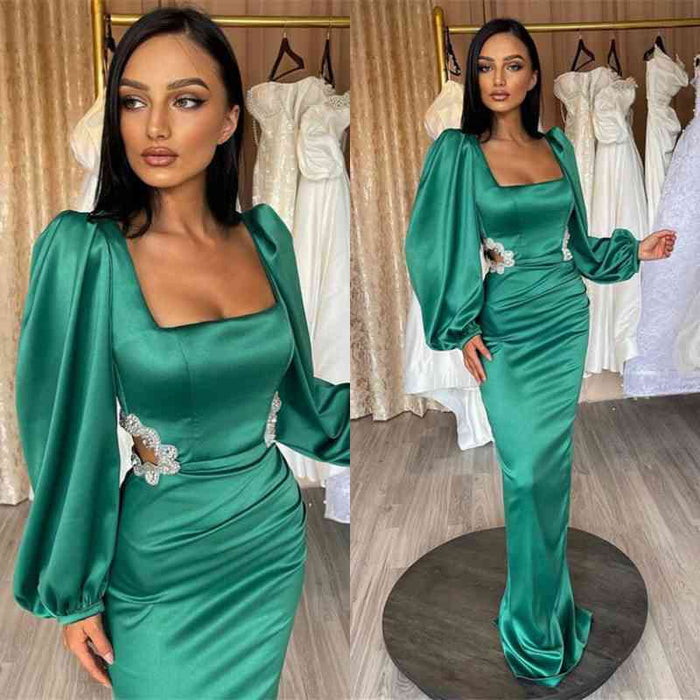 Gorgeous Green Long Sleeve Square Neck Evening Dress with Rhinestone Hollow Design