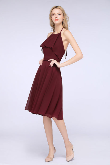 Bridelily Gorgeous Halter Sleeveless Chiffon Short Bridesmaid Dress with Ruffle