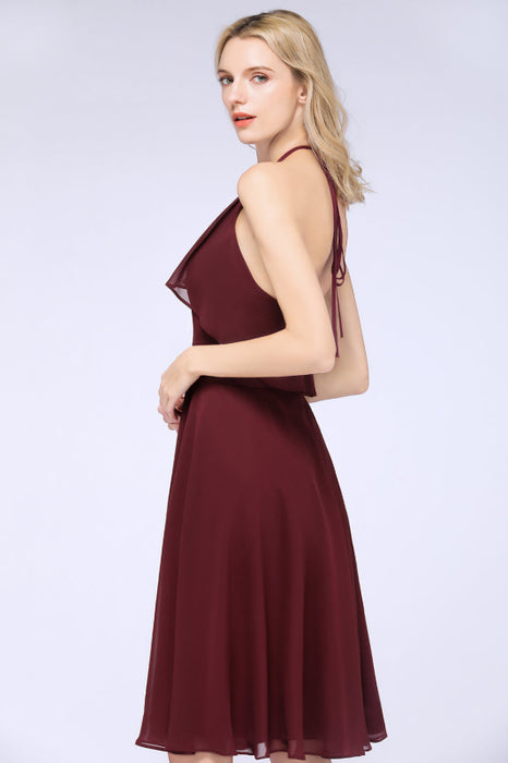 Bridelily Gorgeous Halter Sleeveless Chiffon Short Bridesmaid Dress with Ruffle