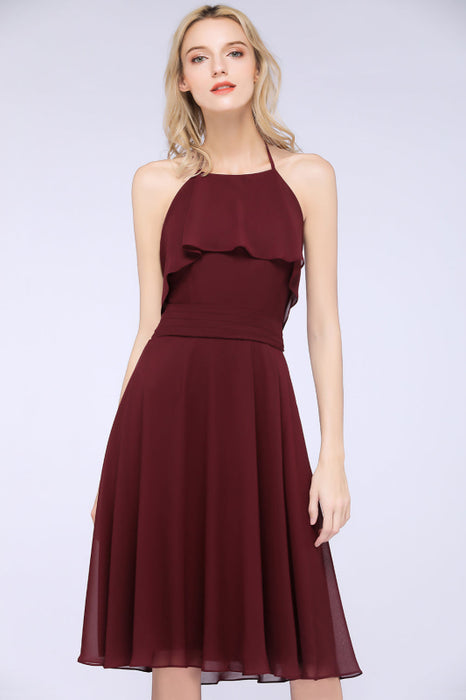 Bridelily Gorgeous Halter Sleeveless Chiffon Short Bridesmaid Dress with Ruffle