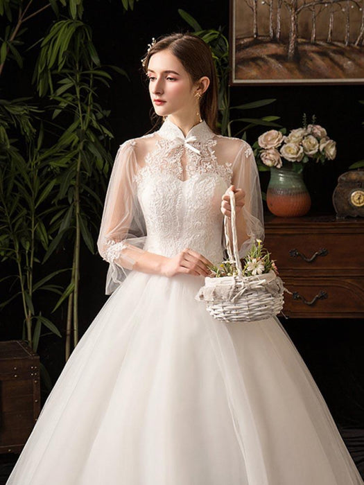 Gorgeous High Collar 3/4 Sleeve Lace-Up Ball Gown Wedding Dresses - wedding dresses